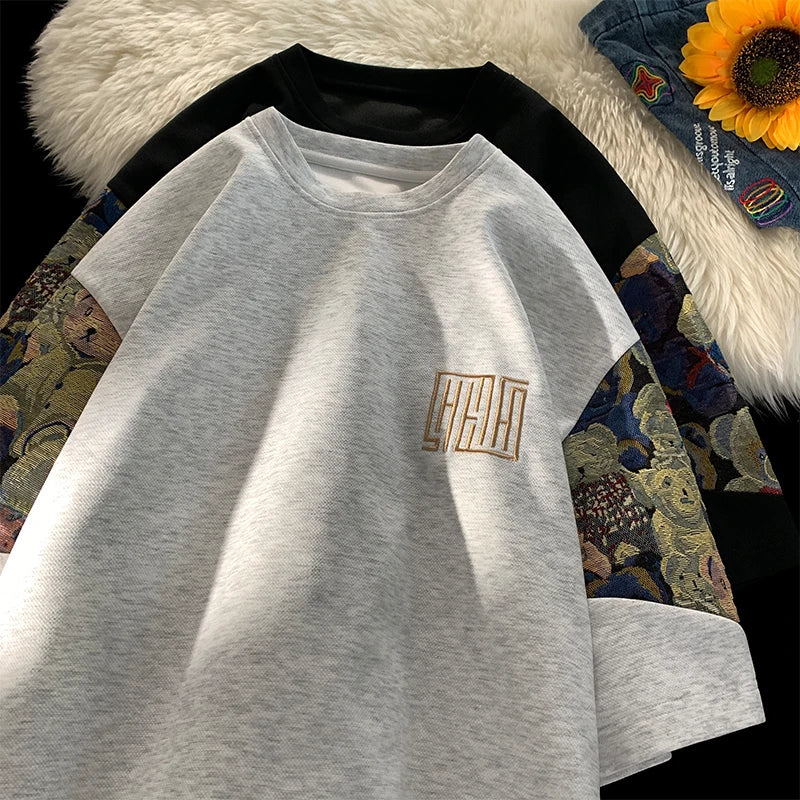 Hipsn  -  Trendy Bear Embroidery Tshirt Summer Big Size Men Fashion Splicing Tshirts Casual Seven Sleeve T-shirt Man Women Tee Tops