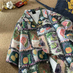 Hipsn  -  Harajuku Cartoon Colourful Fruit Pattern Short Sleeve Shirt Loose Summer Couple Casual Shirts Men Women Hawaiian Shirt