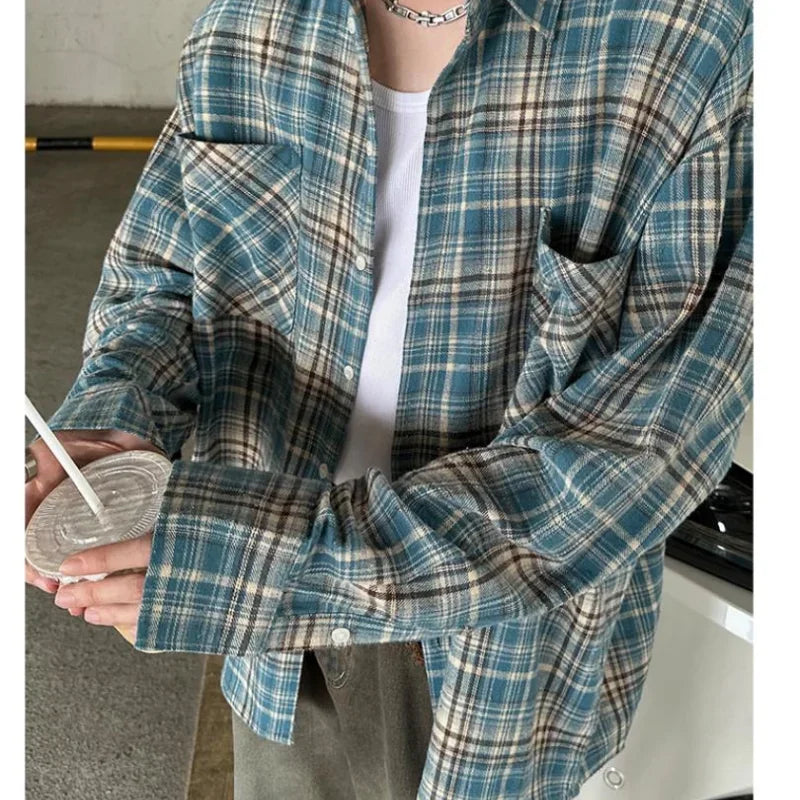 Hipsn  -  American Plaid Long Sleeved Shirt Mens Spring Multi Pocket Harajuku Stripe Loose Jackets Thin Cotton Fashion Couple Tops Trend