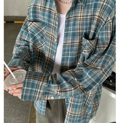 Hipsn  -  American Plaid Long Sleeved Shirt Mens Spring Multi Pocket Harajuku Stripe Loose Jackets Thin Cotton Fashion Couple Tops Trend