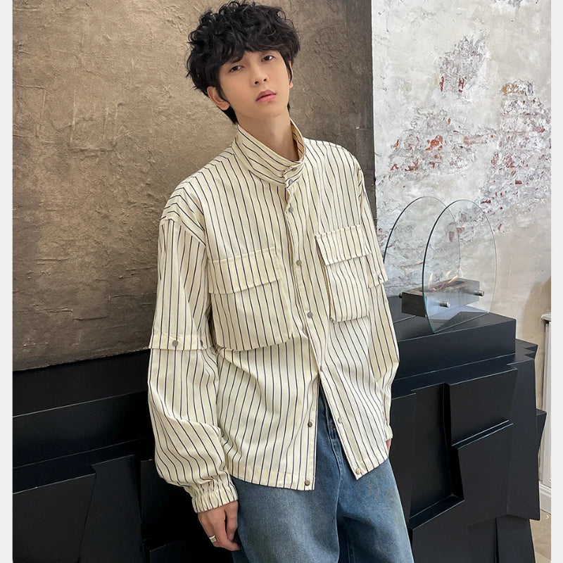 Hipsn  -  Korean Casual Striped Mens Shirt College Fashion Loose Long Sleeved Tops Cotton Removable Sleeves Drawstring Shirt Jacket Male