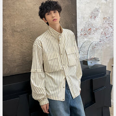 Hipsn  -  Korean Casual Striped Mens Shirt College Fashion Loose Long Sleeved Tops Cotton Removable Sleeves Drawstring Shirt Jacket Male