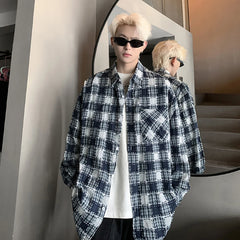 Hipsn  -  Trendy Plaid Fringe Shirt Mens Spring Autumn Harajuku Casual Loose Couple Jacket Thin Pockets Lapel Fashion Long Sleeves Tops