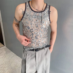 Hipsn  -  Chic Men's Sexy Tops Mesh Sequins Glitter Stretch Skinny Tank top Summer Fashion Nightclub Stage Tight-fitting Vests for men