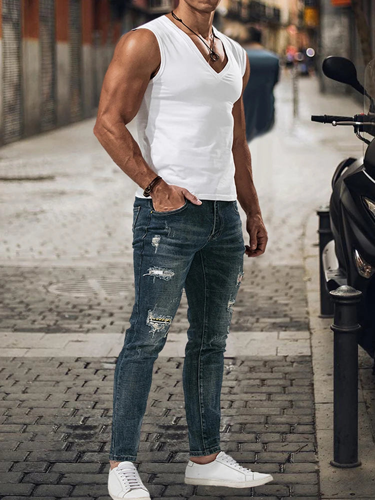 Hipsn  - Fashion Sleeveless Tee Tops Summer Men Solid Color Casual Tank Top Clothes Mens Loose V Neck Vest Pullovers Male Streetwear