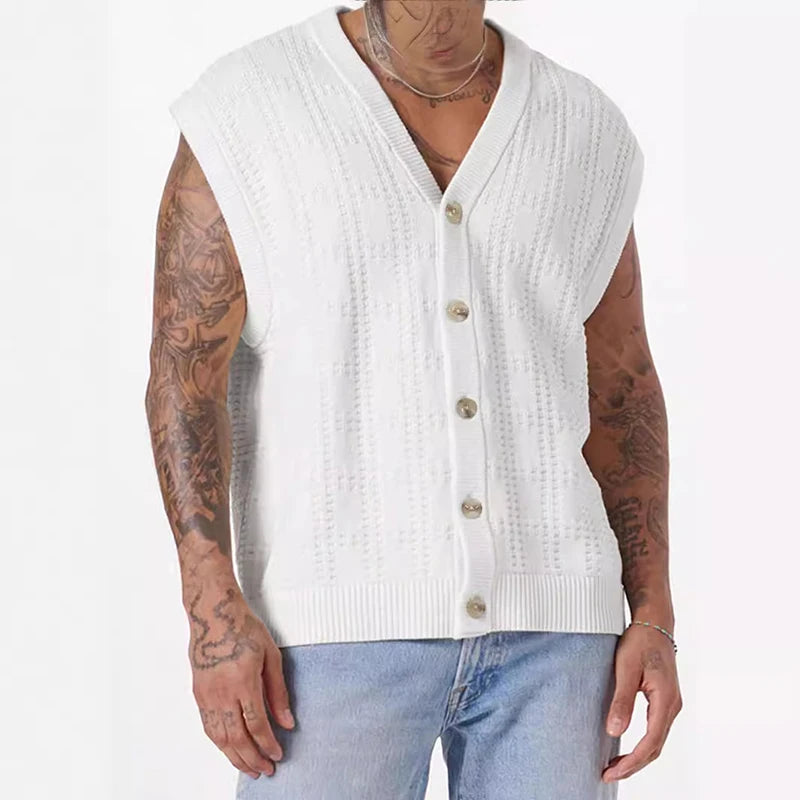 Hipsn  - Fashion Hollow Out Mens Knitting Tank Tops Summer Trendy Loose Sleeveless Button V Neck Vest Men Cardigans Streetwear Camisoles